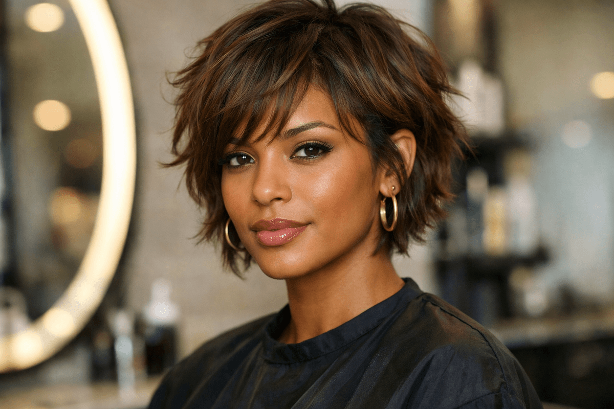 Mulher com cabelo curto repicado em camadas mostrando texturização e movimento nas pontas