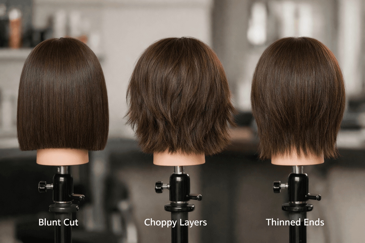 Diagrama comparativo mostrando diferença entre corte reto, repicado e desfiado em cabelo curto