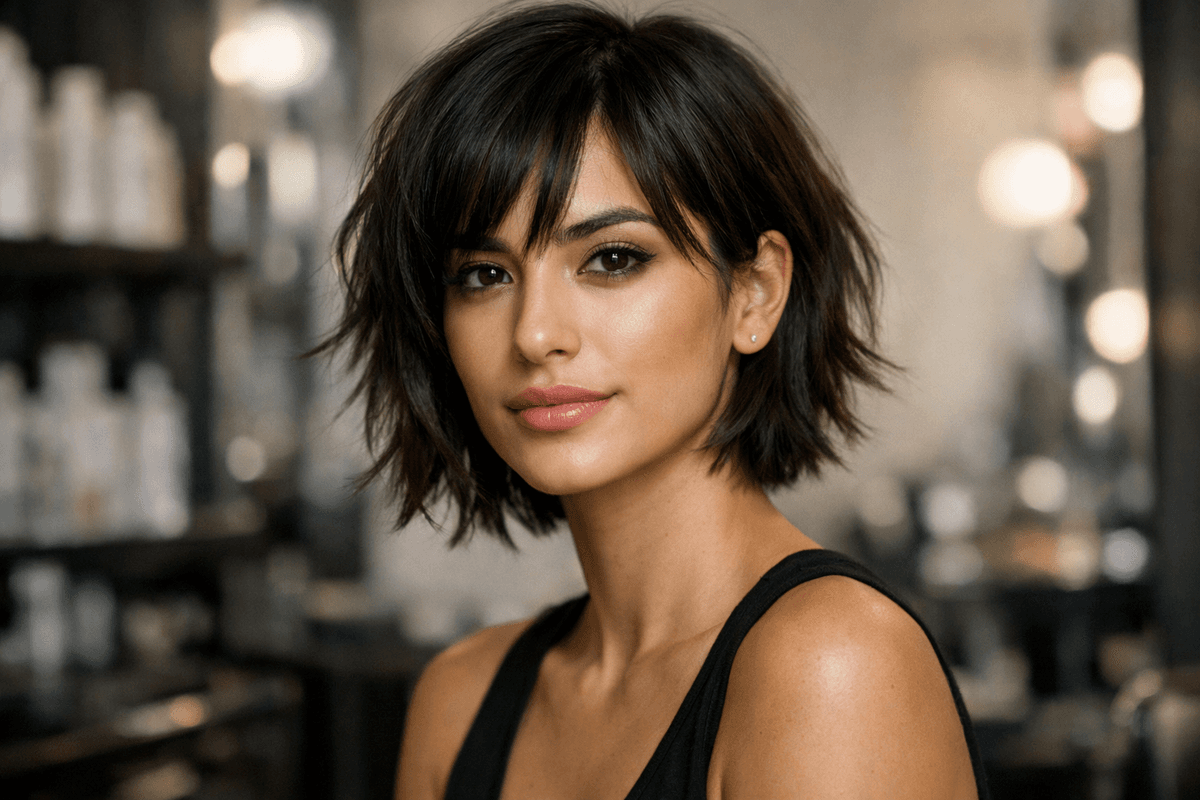 Corte repicado em camadas curto em mulher com cabelo liso escuro e rosto oval