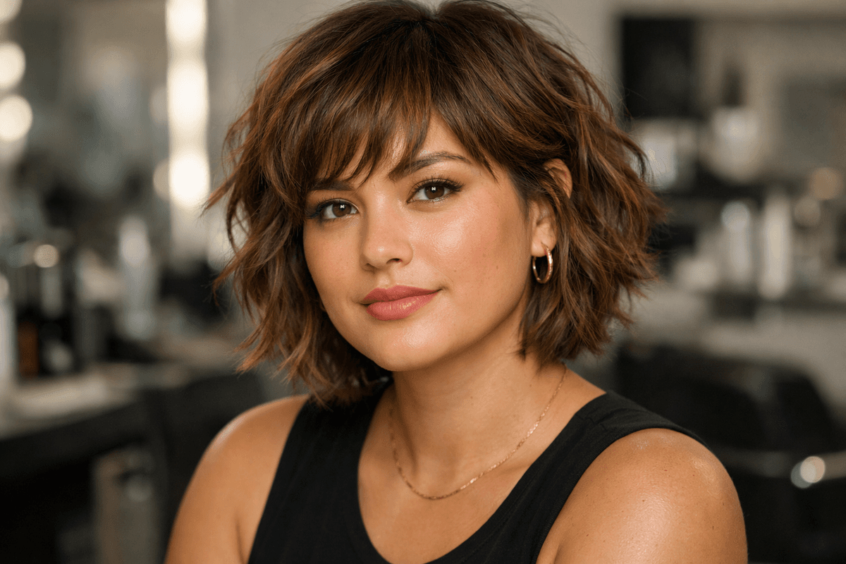 Cabelo ondulado curto com repicado em camadas criando textura e definição