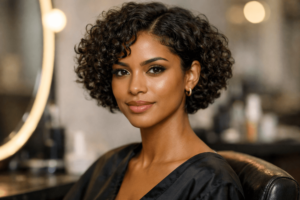 Mulher com cabelo cacheado curto tipo 3B em corte bob acima da orelha