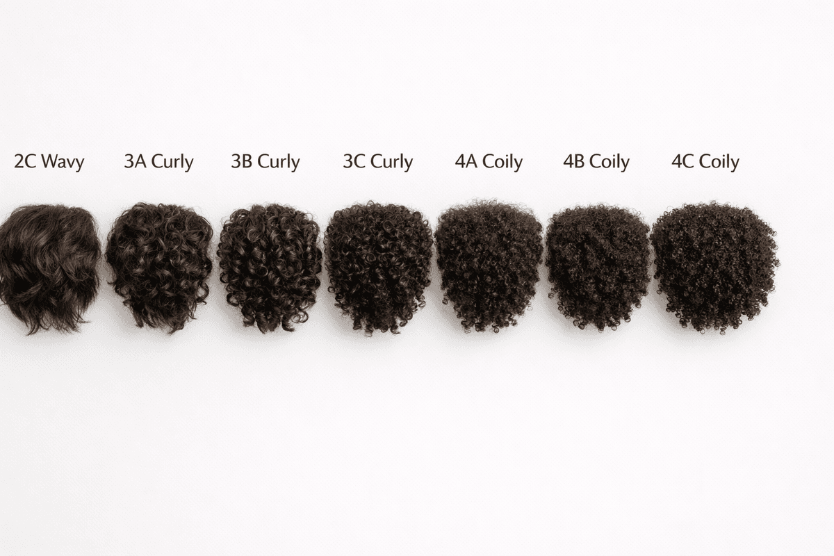 Comparação visual dos padrões de cachos 2C, 3A, 3B, 3C, 4A, 4B e 4C em cabelos curtos