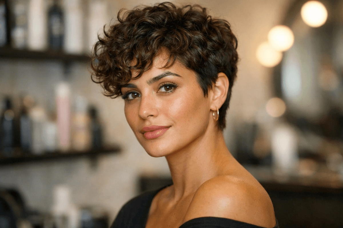 Corte pixie cacheado em mulher com cabelo tipo 3A e rosto oval