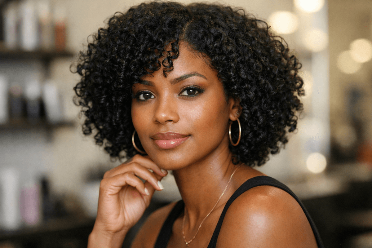 Corte bob cacheado em camadas em mulher com cabelo tipo 3C e rosto quadrado
