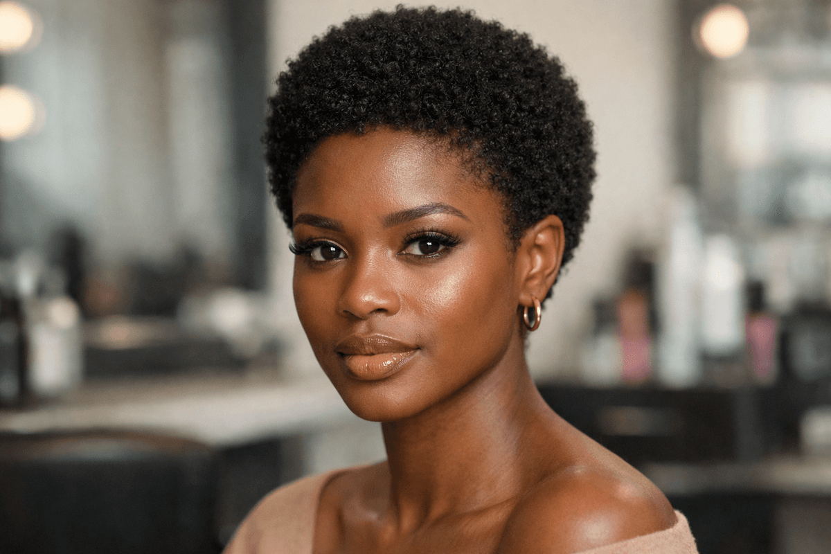 Corte TWA (teeny weeny afro) em mulher com cabelo tipo 4B e rosto redondo