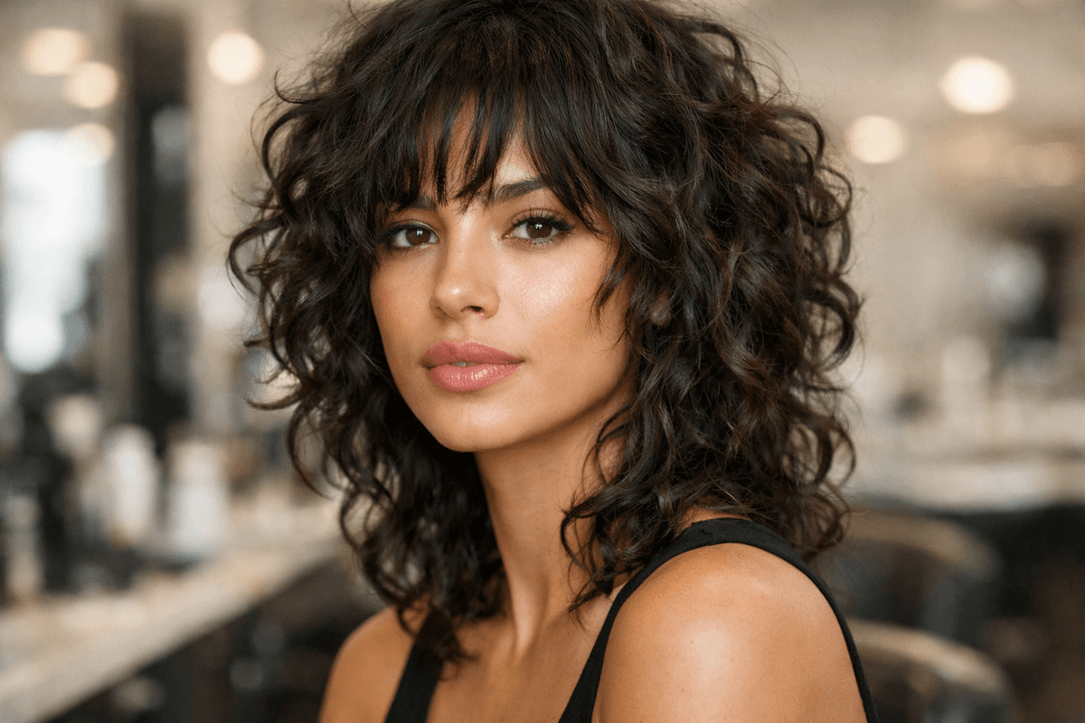 Corte curly shag em mulher com cabelo tipo 3B e rosto coração