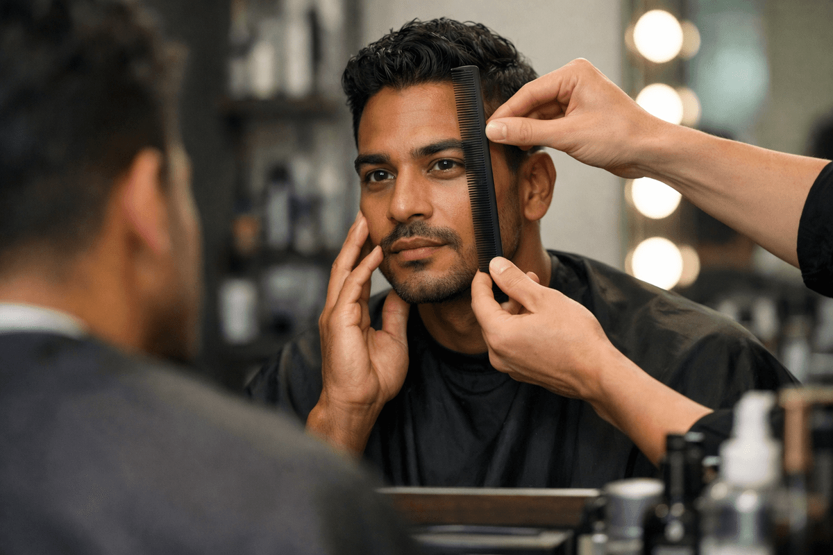 Homem analisando formato de rosto em espelho de barbearia com linhas de medição facial