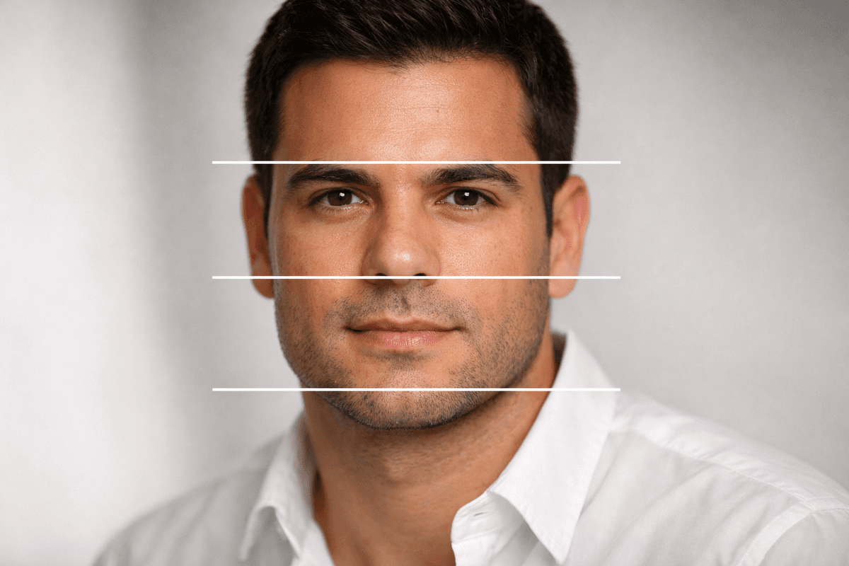 Diagrama de medição dos três terços faciais em rosto masculino com linhas horizontais