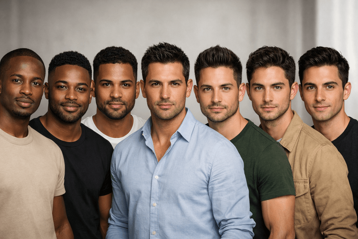 Sete homens demonstrando diferentes formatos de rosto em linha horizontal