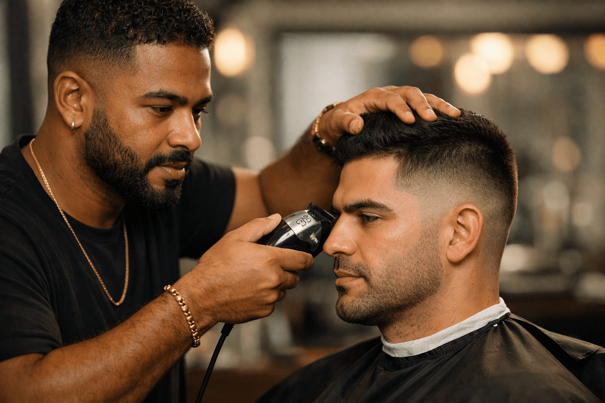 Barbeiro executando técnica de degradê com máquina em cliente masculino
