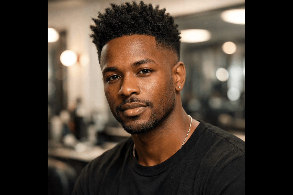Corte degradê alto com volume texturizado no topo em homem com rosto oval