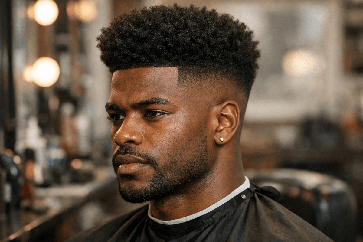 Corte degradê afro em homem com cabelo crespo tipo 4 e rosto quadrado