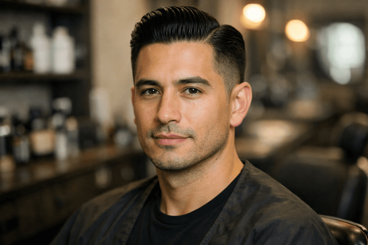 Corte undercut em cabelo liso preto com topo penteado para trás em homem com rosto oval