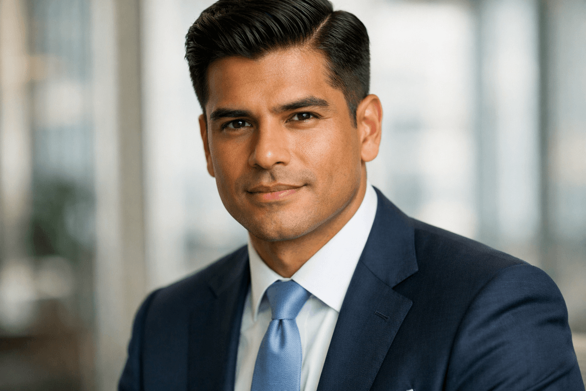 Corte social clássico com repartição lateral em homem de terno em ambiente corporativo