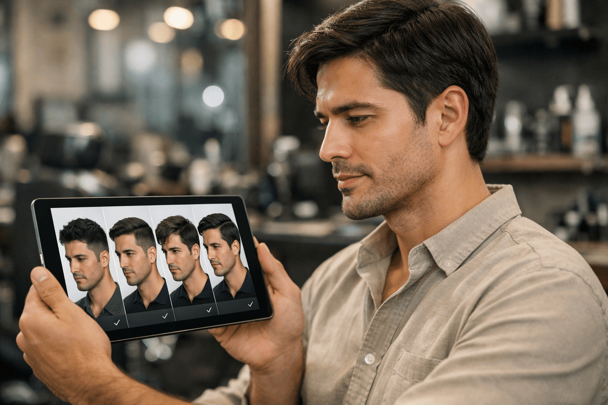 Homem comparando diferentes estilos de corte em simulador digital antes de decidir mudança