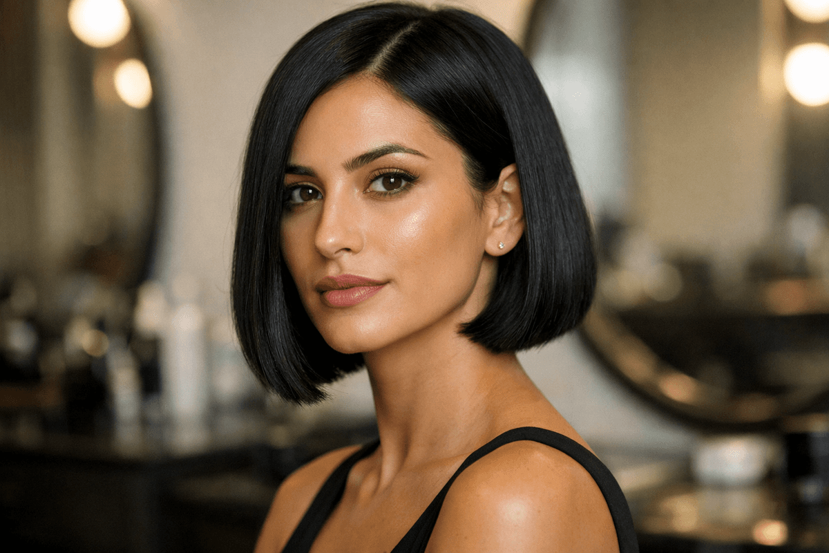 Mulher com corte chanel clássico reto na altura do maxilar e cabelos escuros lisos