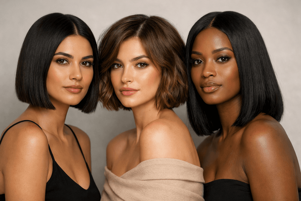 Comparação visual de três mulheres com diferentes varações do corte chanel
