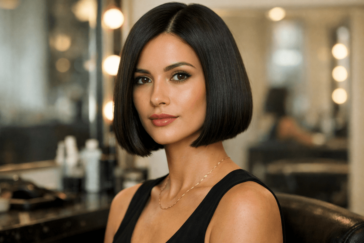 Corte chanel clássico reto em mulher com rosto oval e cabelos lisos escuros