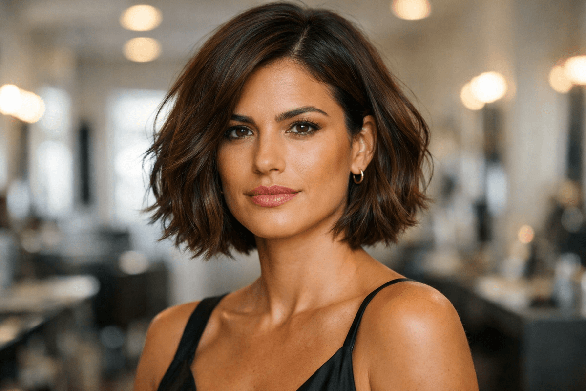 Chanel repicado com texturização nas pontas em mulher com cabelos ondulados castanhos