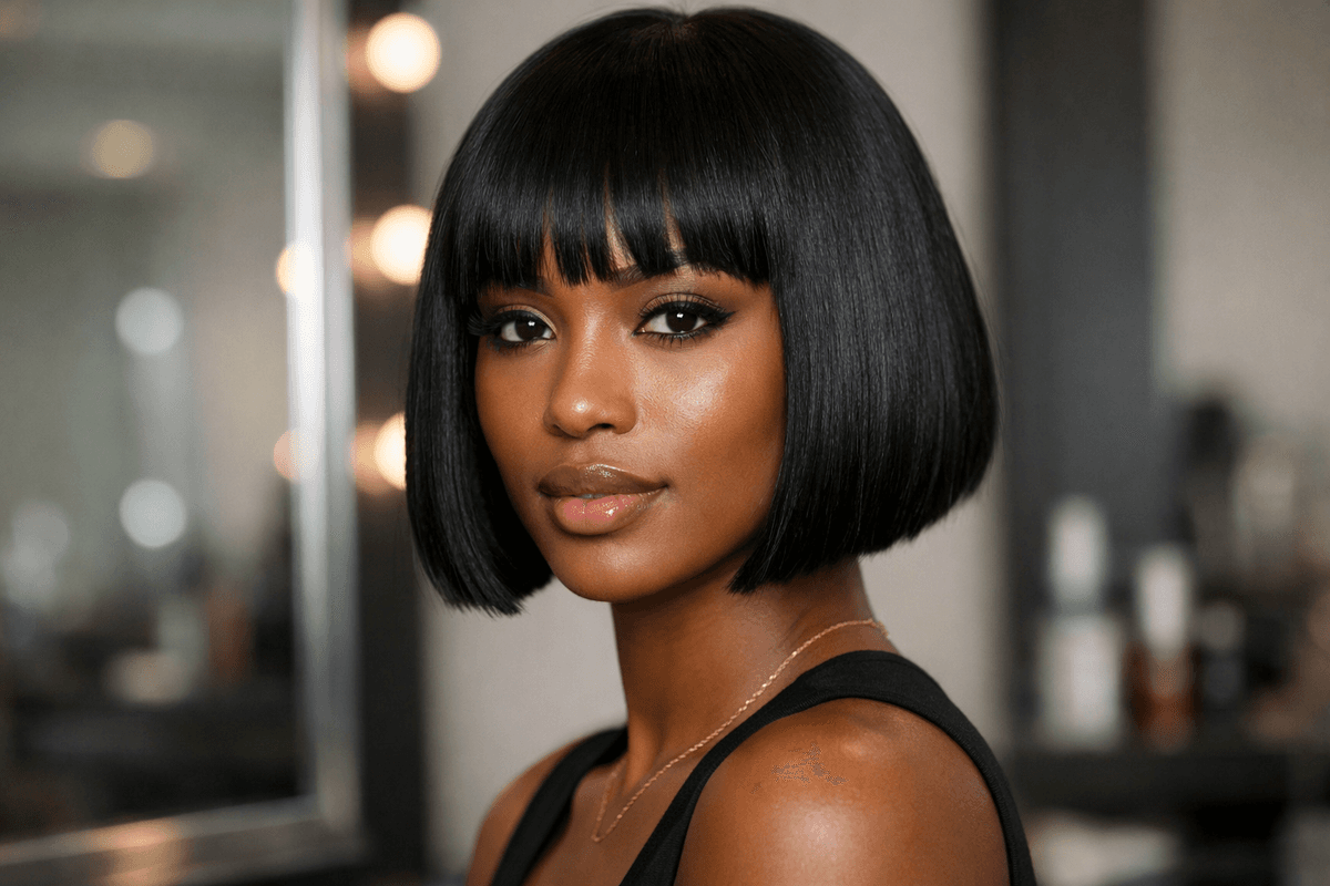 Chanel francês com franja reta em mulher com rosto oval e cabelos pretos lisos