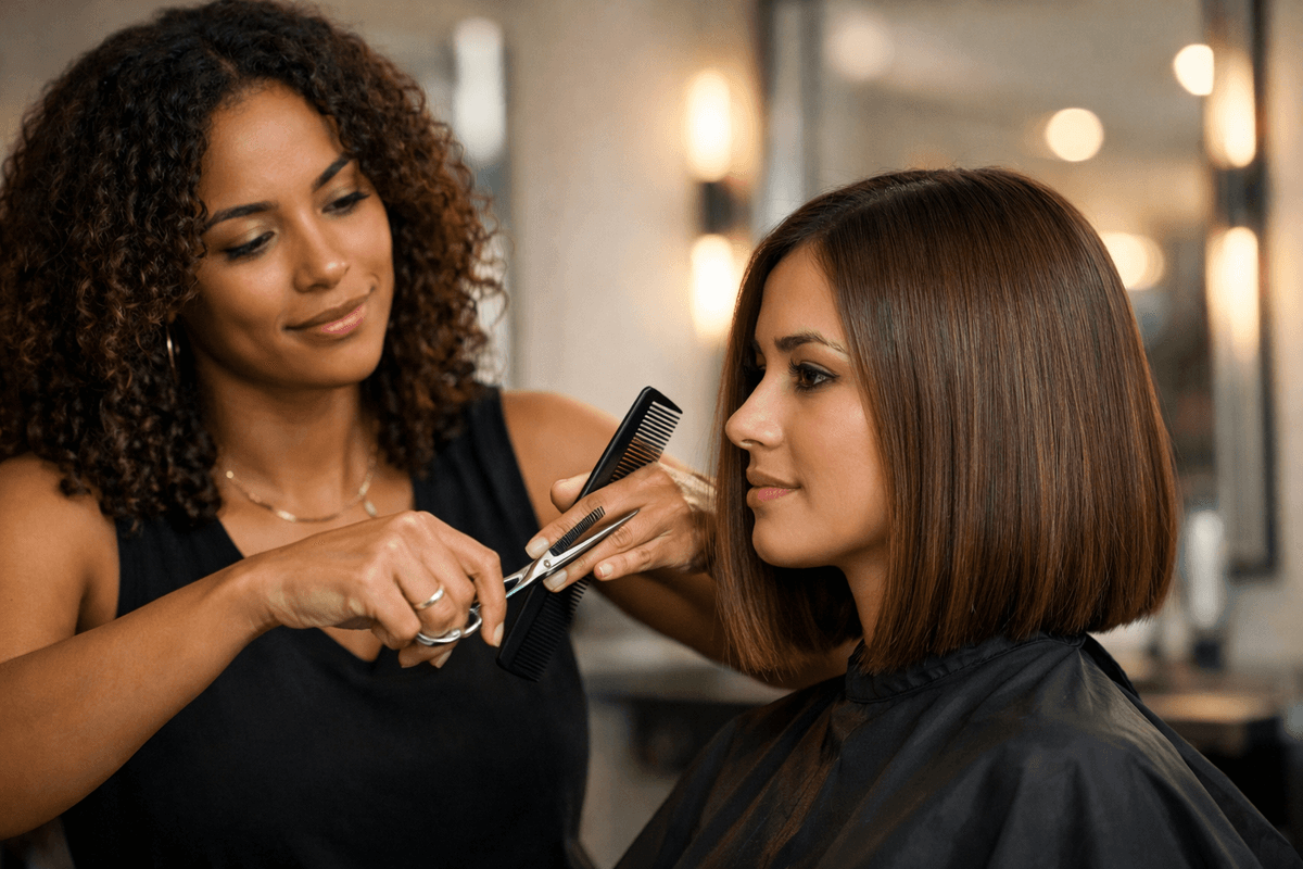 Cabeleireira finalizando corte long bob em cliente com cabelo liso castanho no salão