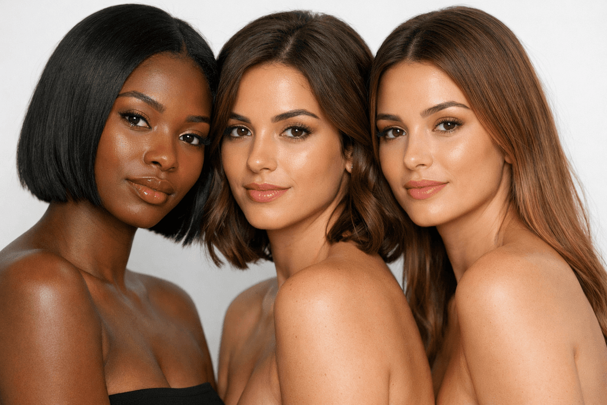 Comparação visual de três comprimentos: chanel, long bob e cabelo longo em mulheres lado a lado