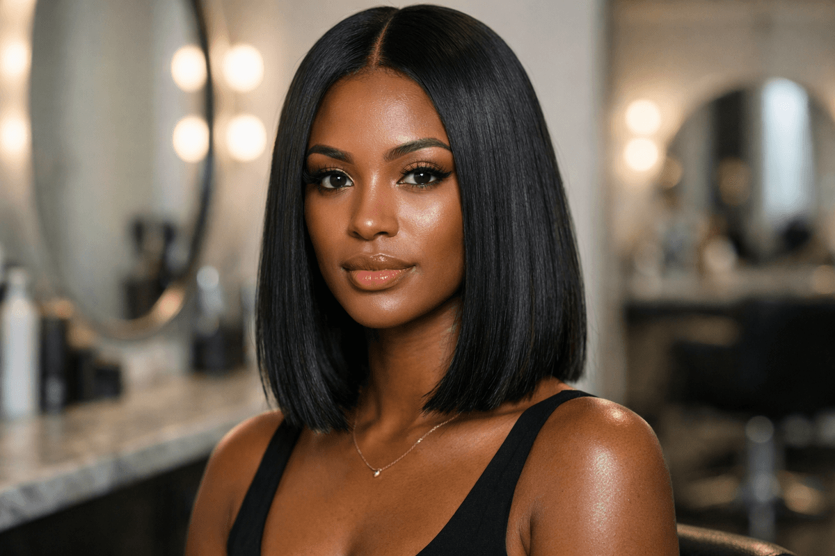 Long bob liso reto em mulher com cabelo preto brilhante e rosto oval