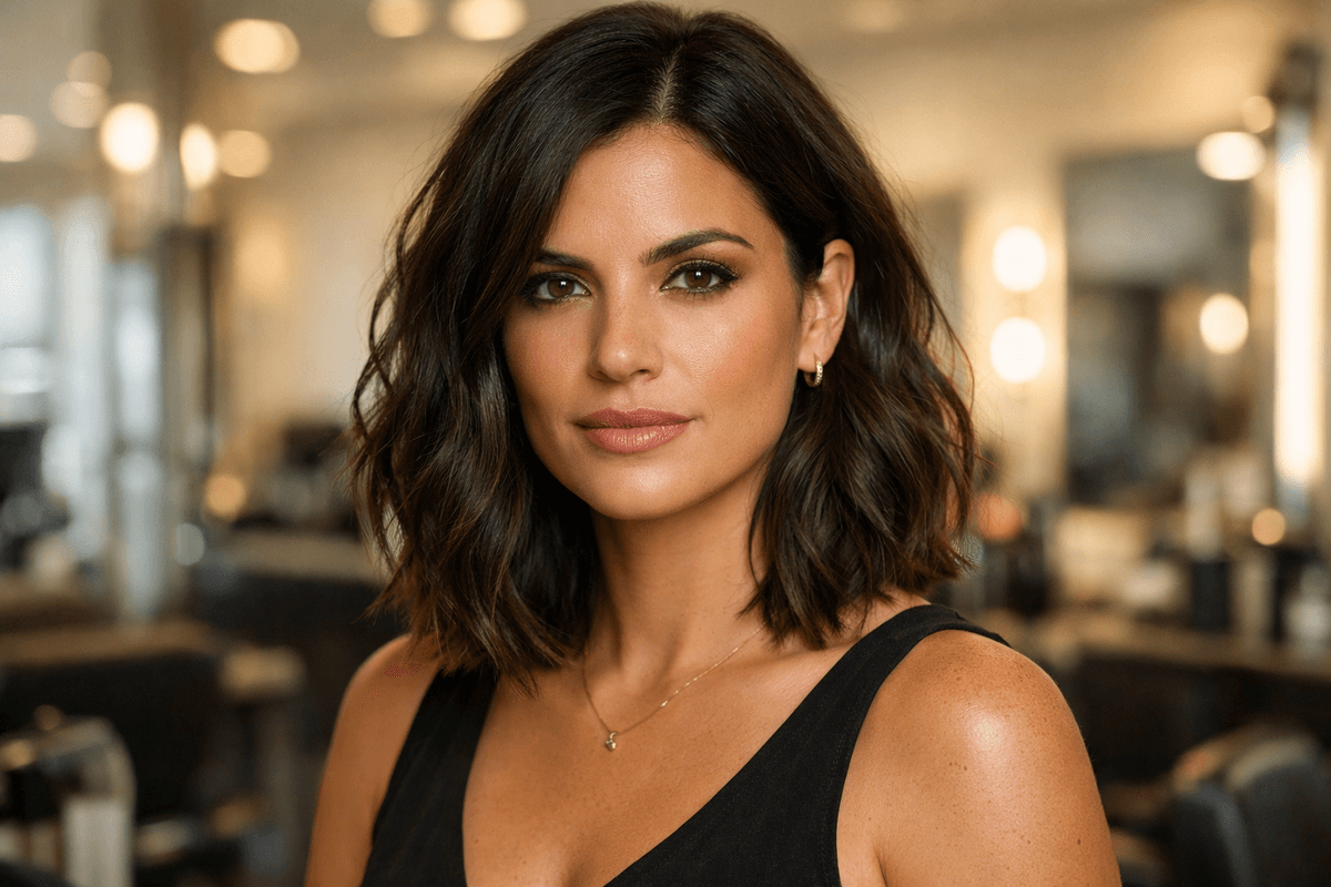 Long bob ondulado com camadas sutis em mulher com cabelo castanho e rosto quadrado