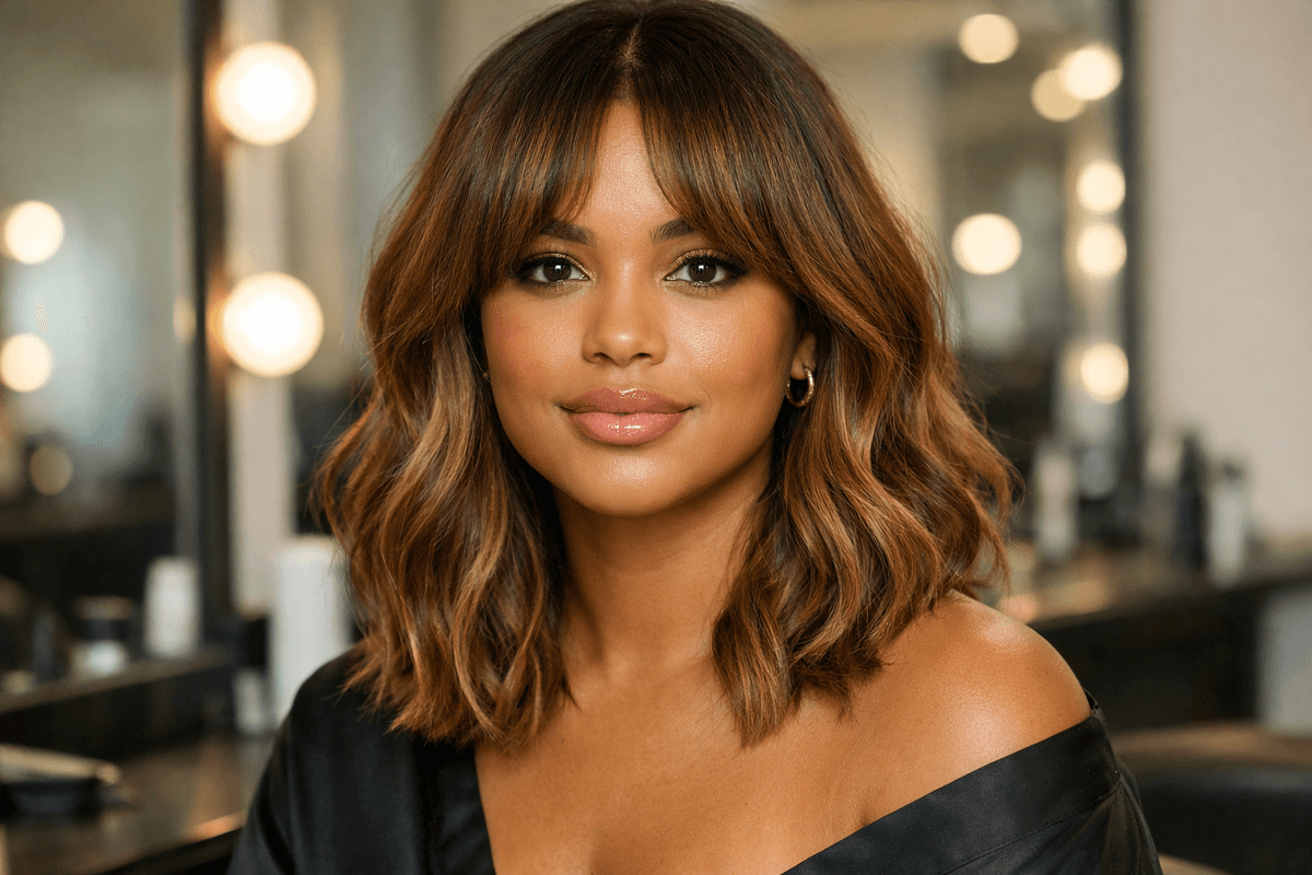 Long bob com franja cortina em mulher com cabelo ondulado mel e rosto redondo