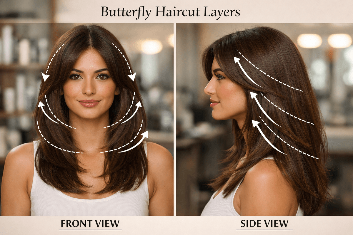 Comparação visual das camadas do corte butterfly em diferentes ângulos