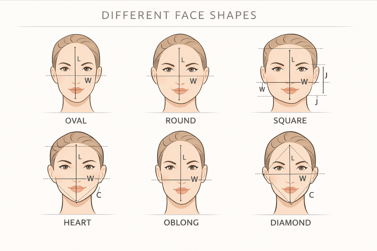 Comparação visual de seis formatos de rosto diferentes com linhas de medição facial