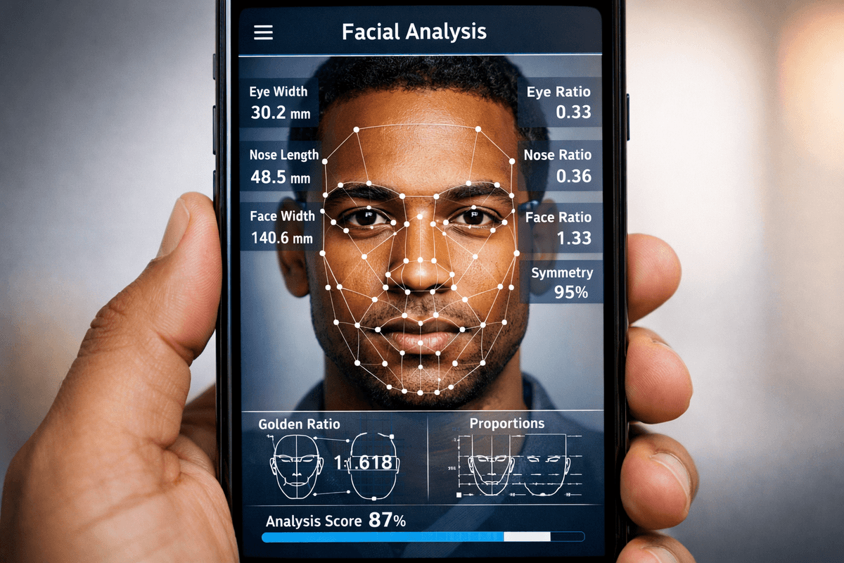Tela de análise facial mostrando 68 pontos mapeados em rosto masculino