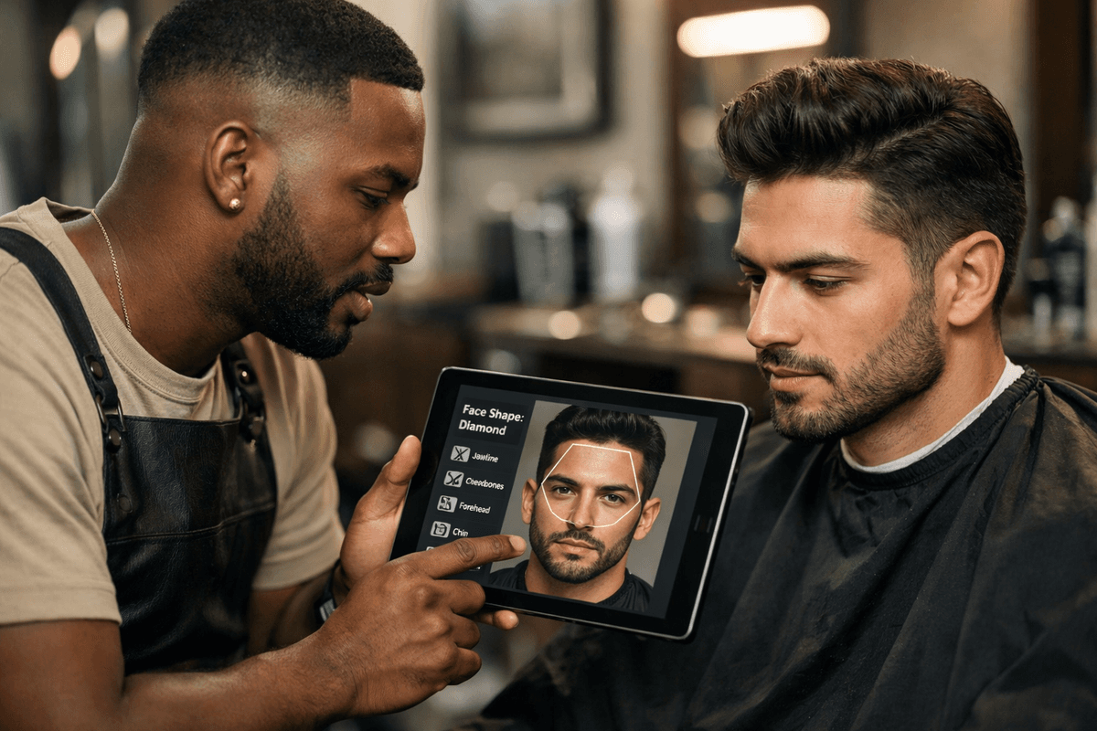 Profissional de barbearia mostrando análise de proporção facial em tablet para cliente