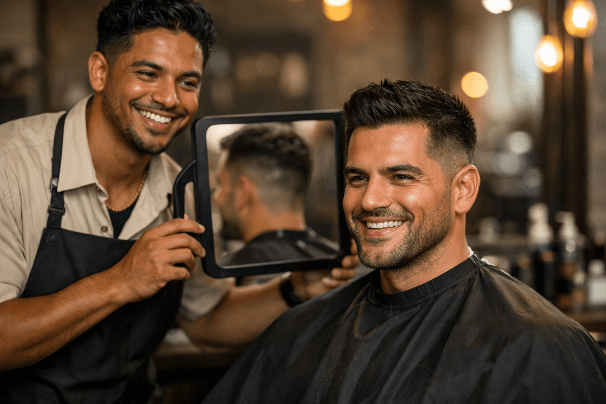 Barbeiro mostrando resultado final de corte para cliente satisfeito em frente ao espelho