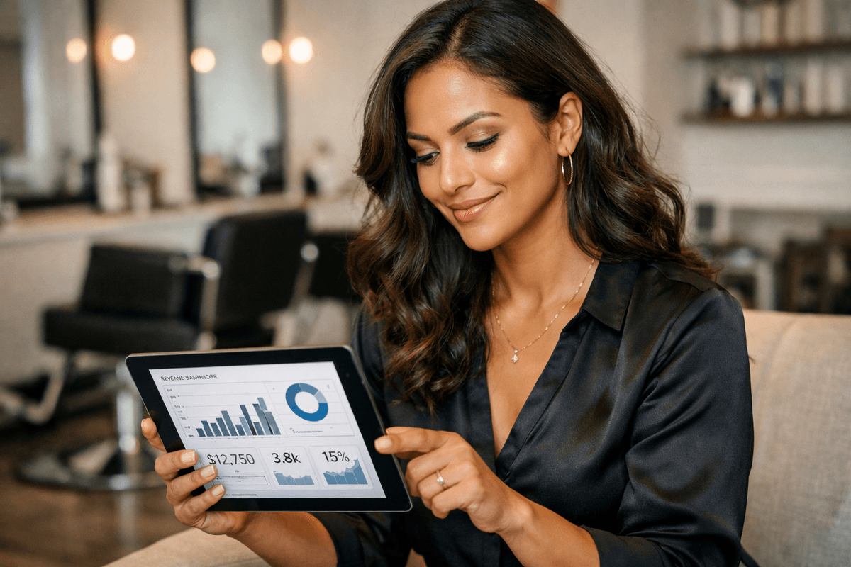 Proprietária de salão de beleza analisando relatório de receita em tablet com gráficos de faturamento