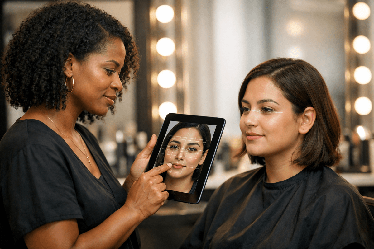 Cabeleireira realizando análise facial digital em cliente usando tablet com software de visagismo