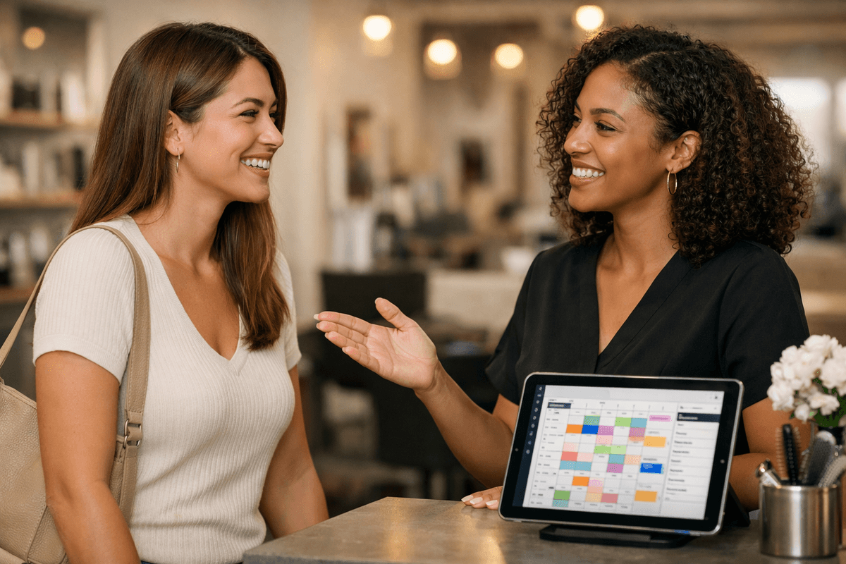 Cliente satisfeita retornando ao salão sendo recepcionada por profissional com agenda digital