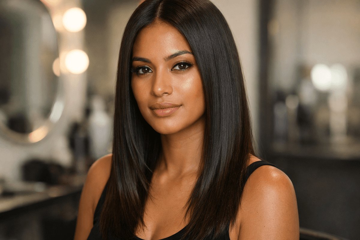 Mulher com cabelo liso de progressiva demonstrando caimento reto natural