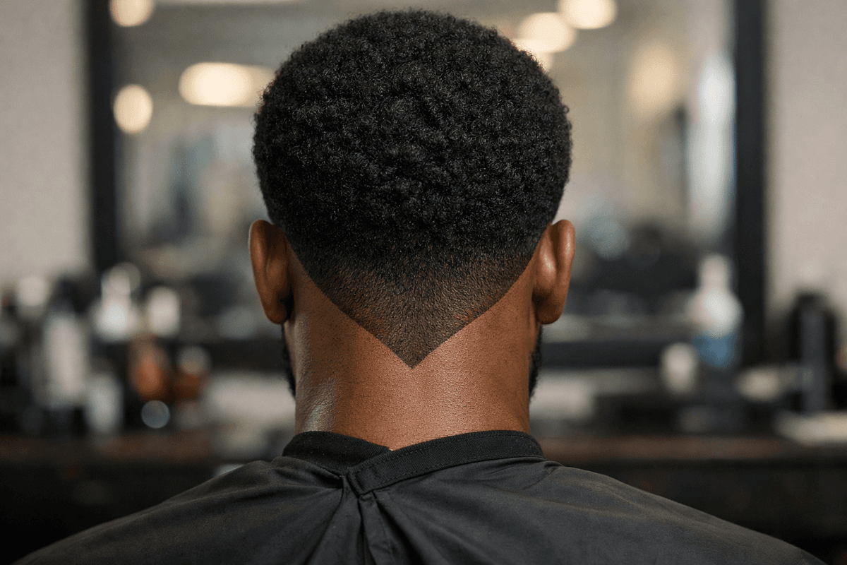 Nuca masculina com acabamento em V definido mostrando linha triangular do corte