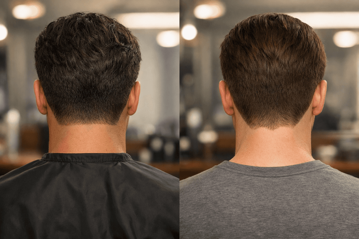 Comparação lado a lado de acabamento reto versus acabamento em V na nuca masculina