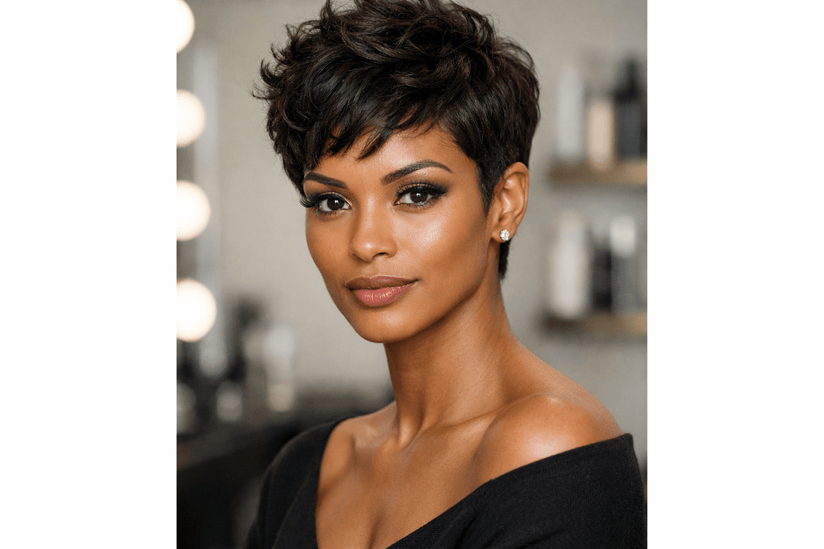 Corte pixie em mulher com rosto diamante e maçãs marcadas