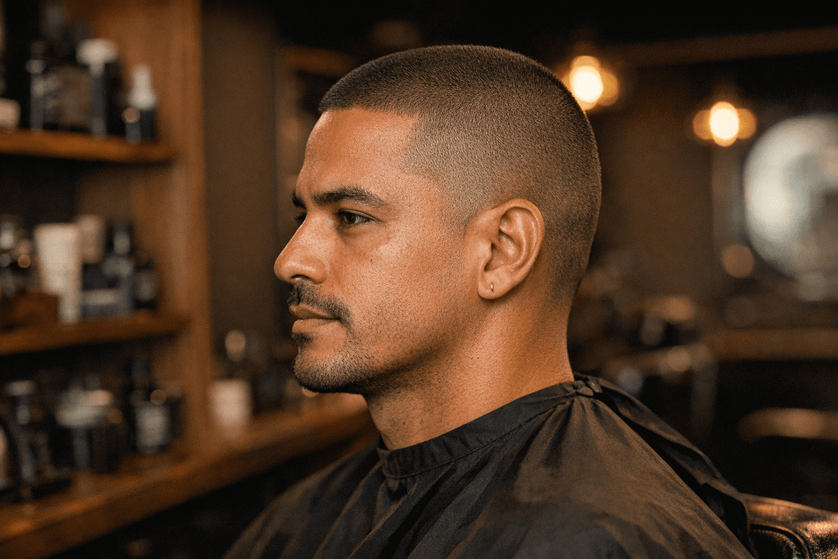 Homem com buzz cut, raspado uniforme em toda a cabeça