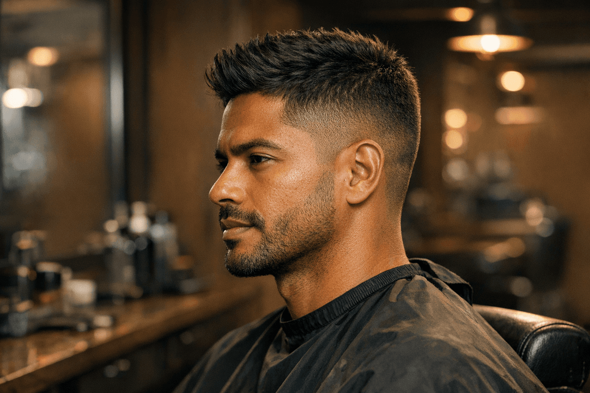 Homem com crew cut, laterais curtas e topo com volume