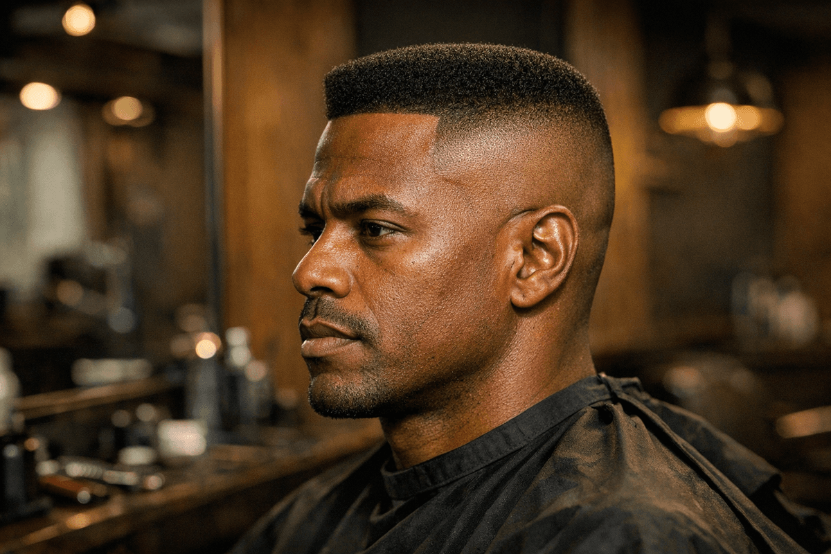 Homem com high and tight, laterais raspadas e contraste marcado