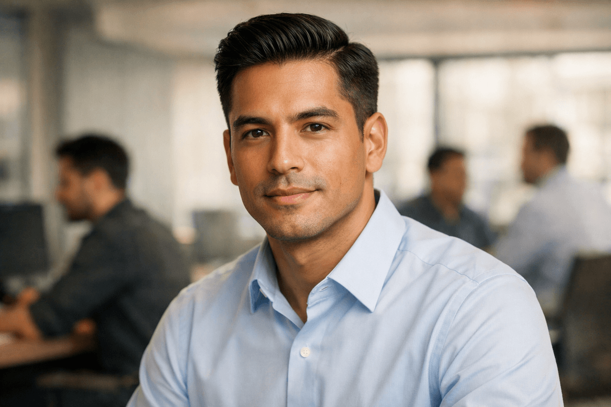 Homem adulto com corte social clássico em ambiente corporativo formal