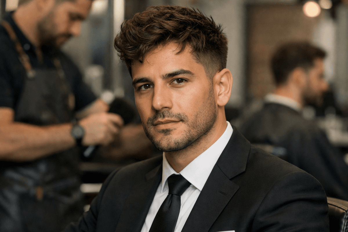 Corte social moderno com textura no topo em homem de rosto oval