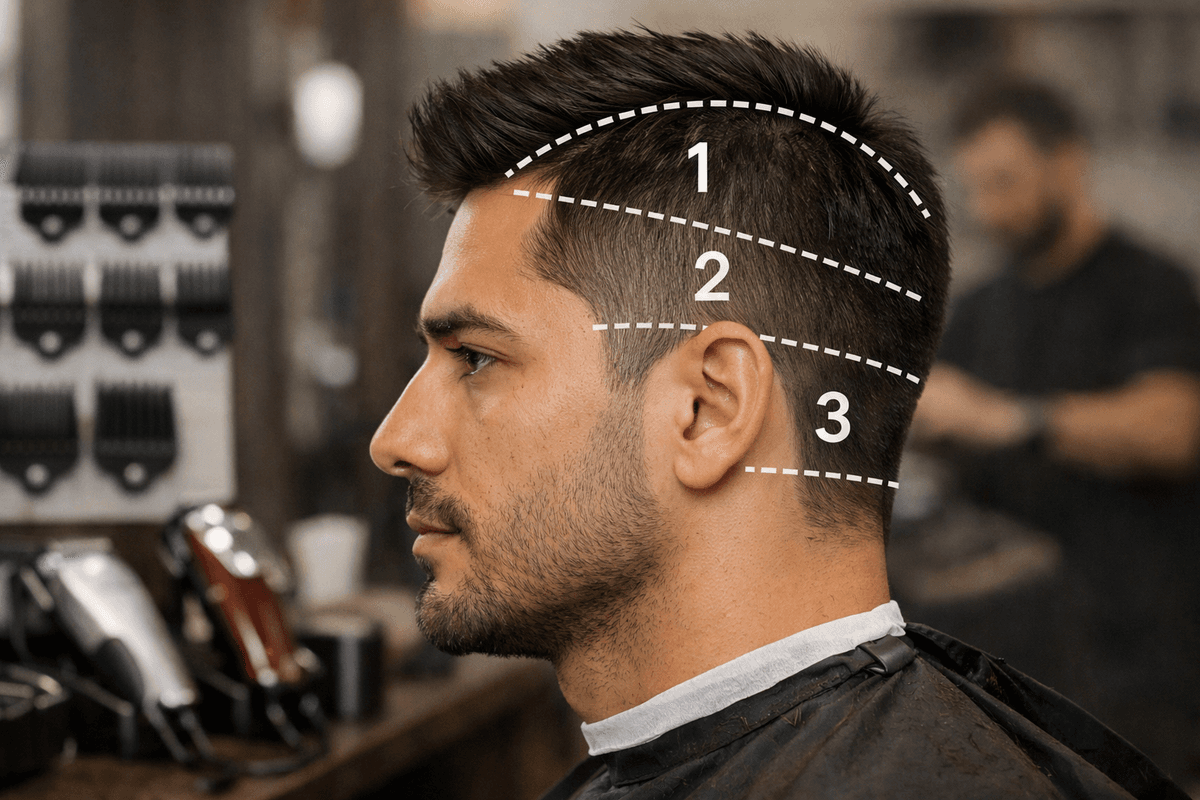Diagrama de numeração de máquina para corte social em perfil masculino
