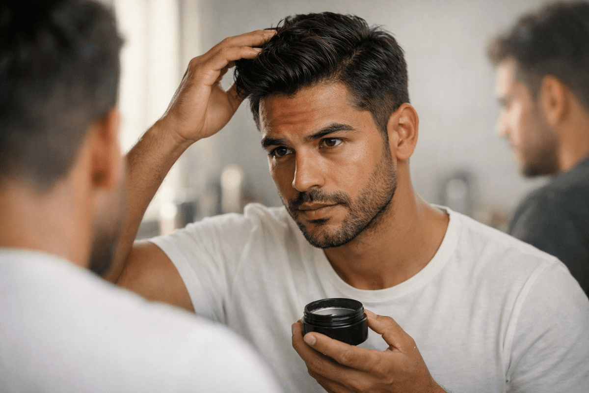 Homem aplicando pomada em corte social moderno diante do espelho