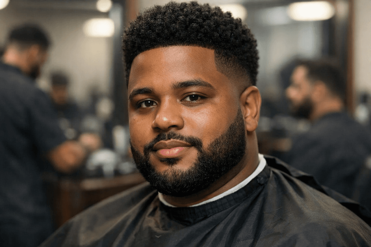 Corte social baixo em homem com rosto redondo e barba estruturada