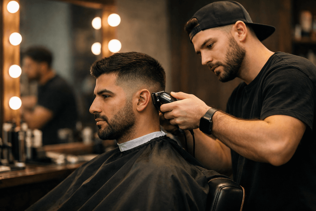 Barbeiro aplicando corte degradê em homem adulto no salão com espelho profissional